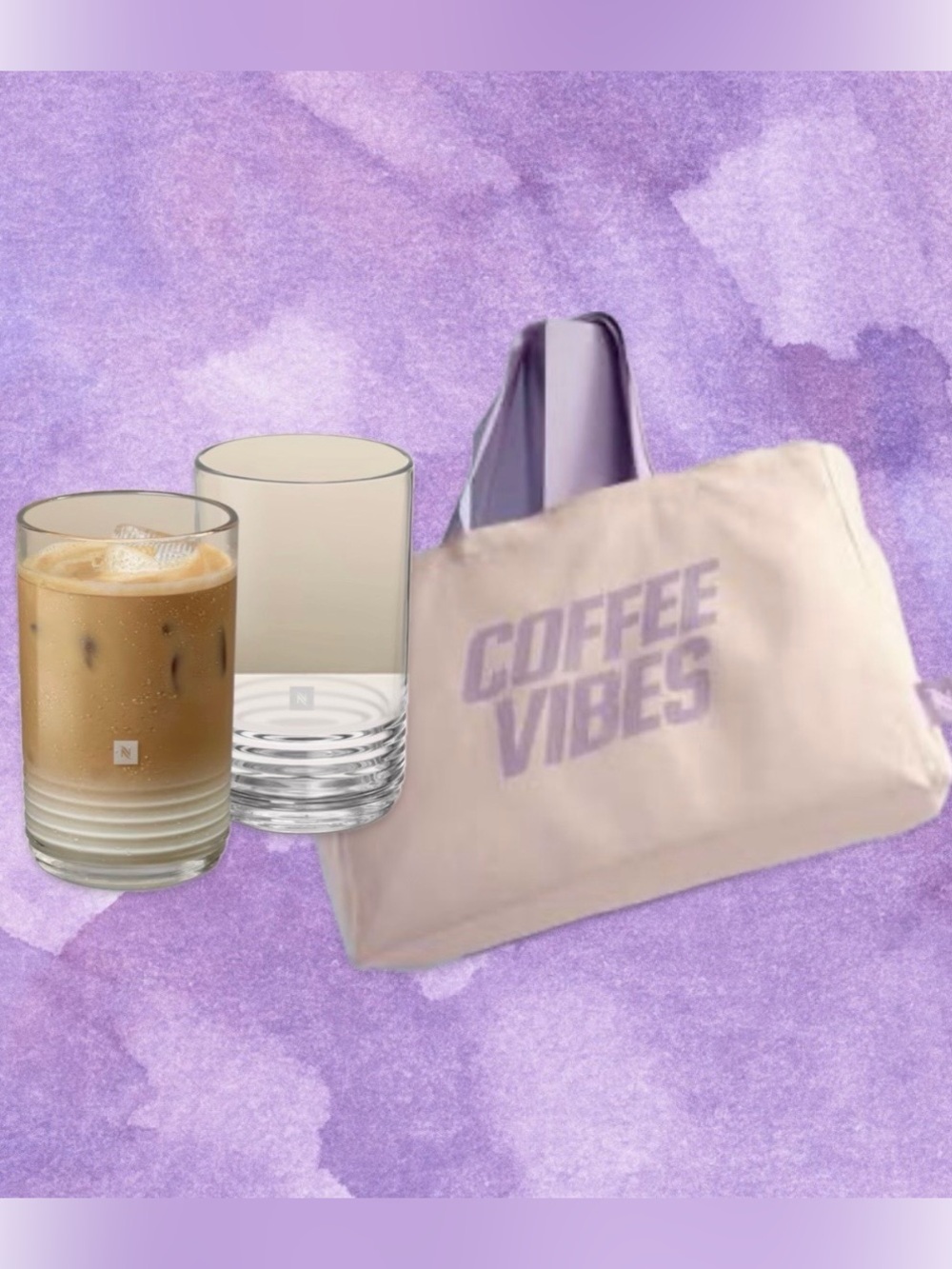 Nespresso Lavender Tote & 2 Barista Large Recipe Glasses